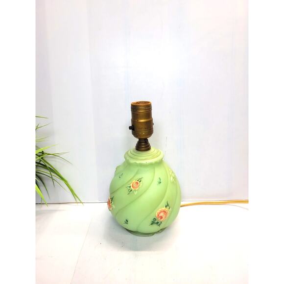 Vintage Lt Green Lamp Glass Boudoir Vanity, Rose Swirl, Reverse Paint (Chip) - Picture 1 of 6